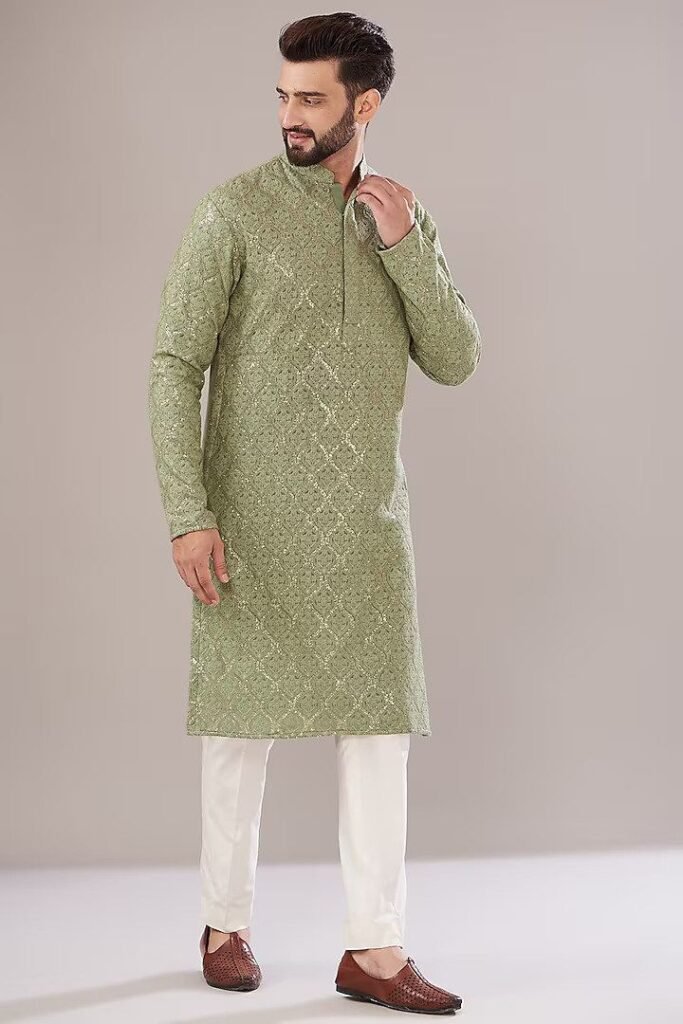 Sage Green Self-Textured Kurta Set
